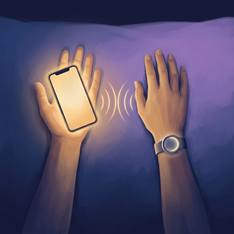 Illustration of one hand holding a phone and the other wearing a watch, with alternating pulses.