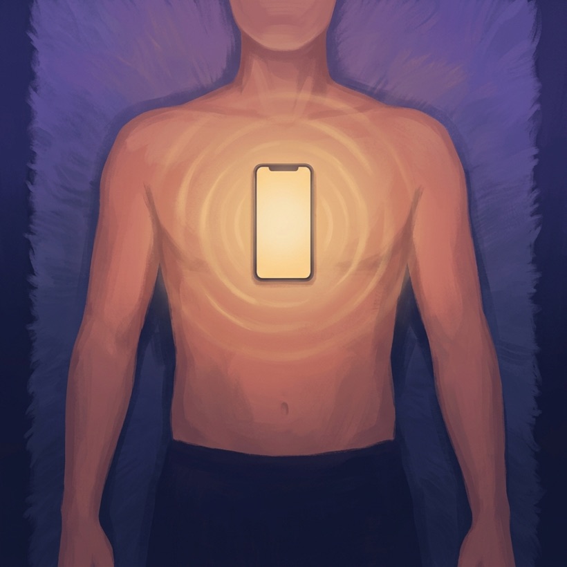 Illustration of a phone resting on the chest with soft rings radiating outward.